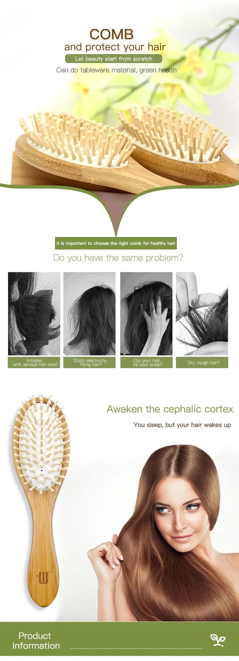 Willest Custom Logo Airbag Comb Wooden Hair Brush, Black and White Hair Massage Bamboo Paddle Hair Brush for Women