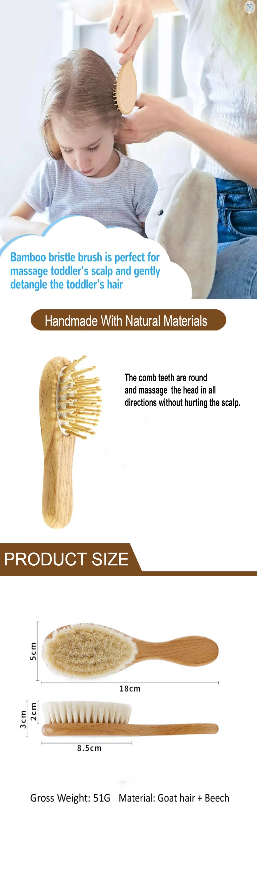 100% Natural Soft Goat Bristles Baby Wood Hair Brush Comb