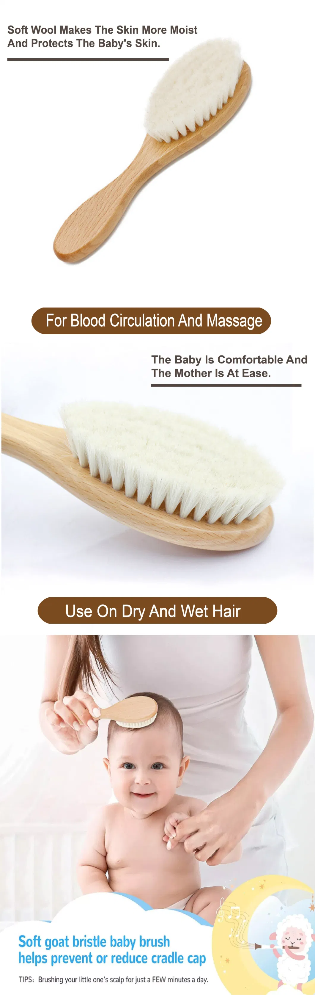 100% Natural Soft Goat Bristles Baby Wood Hair Brush Comb