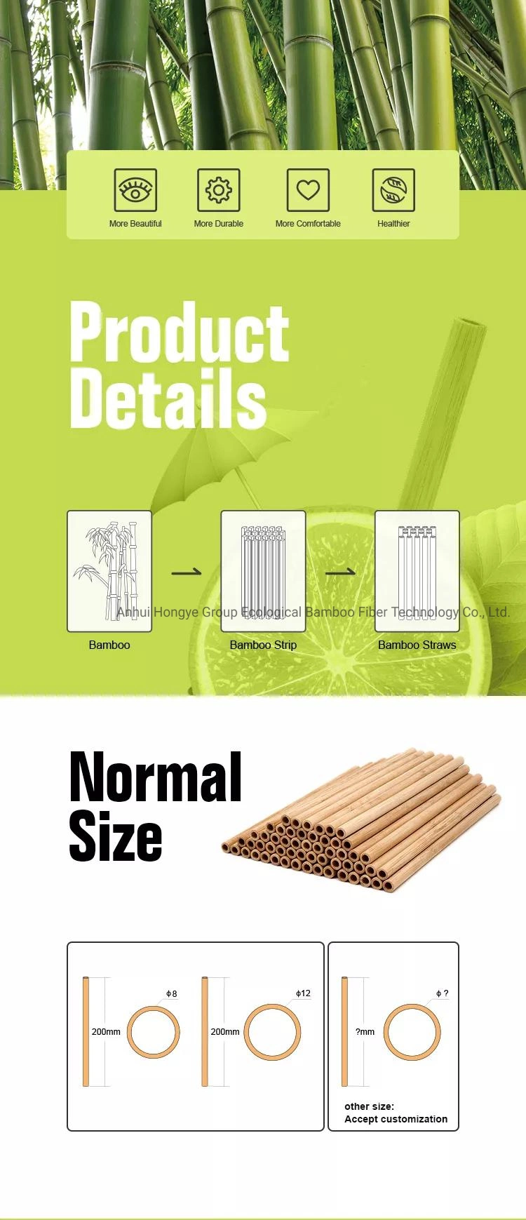 Carbonization Bamboo Straw Biodegradable 6.2*200