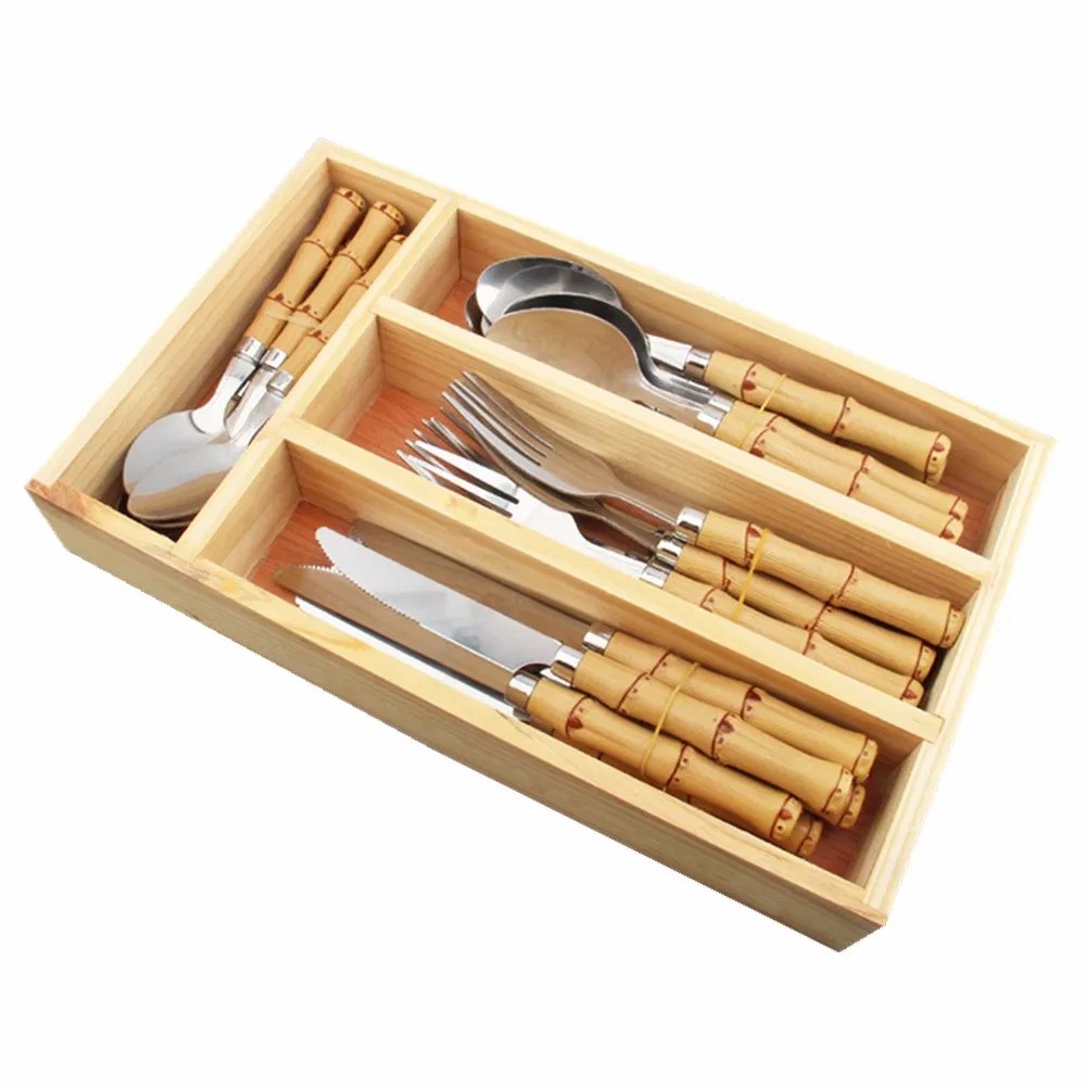 Aveco Beige Bamboo Handle Cutlery Set with Round Natural Bamboo Tube