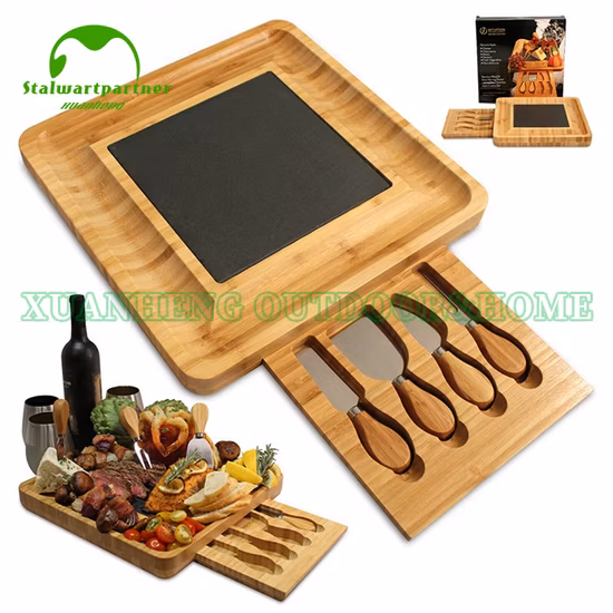 Square Thickening Large 4PC Cutlery Bamboo Bread Cheese Cutting Board Set with Drawers